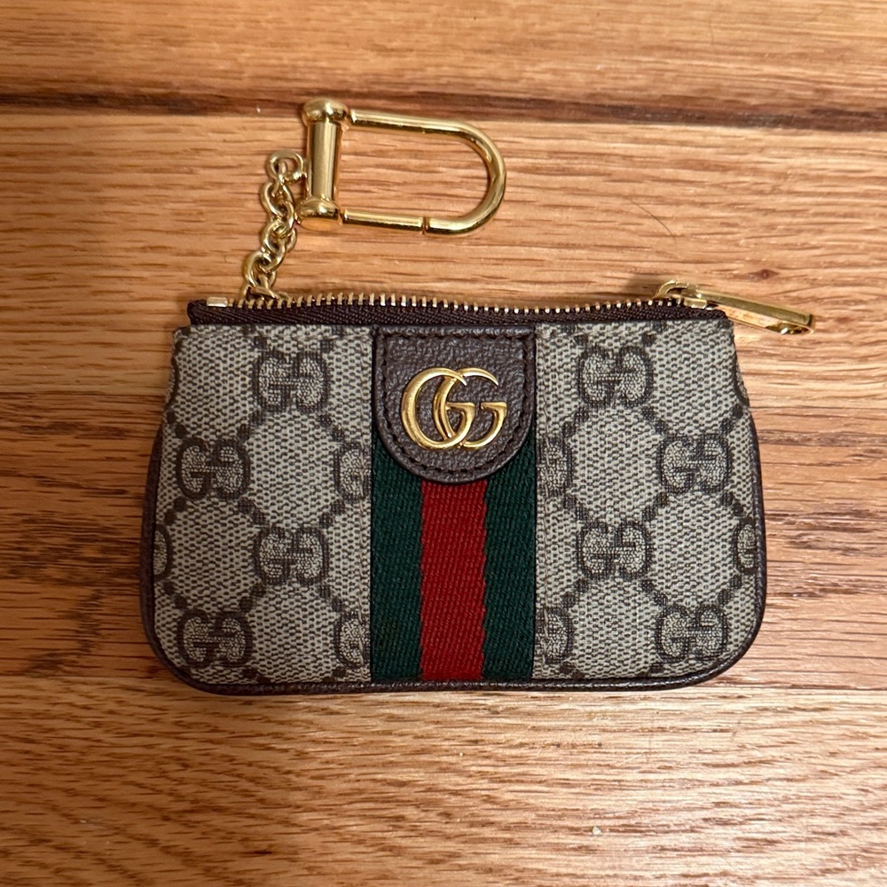 Gucci Beige Monogram Key Pouch with Gold Accents